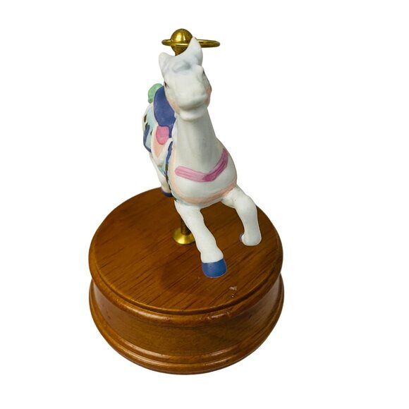 Vintage Ceramic Carousel Horse Figurine On Wooden Base 5 1/2" Music Box  Up e Po - Picture 3 of 10